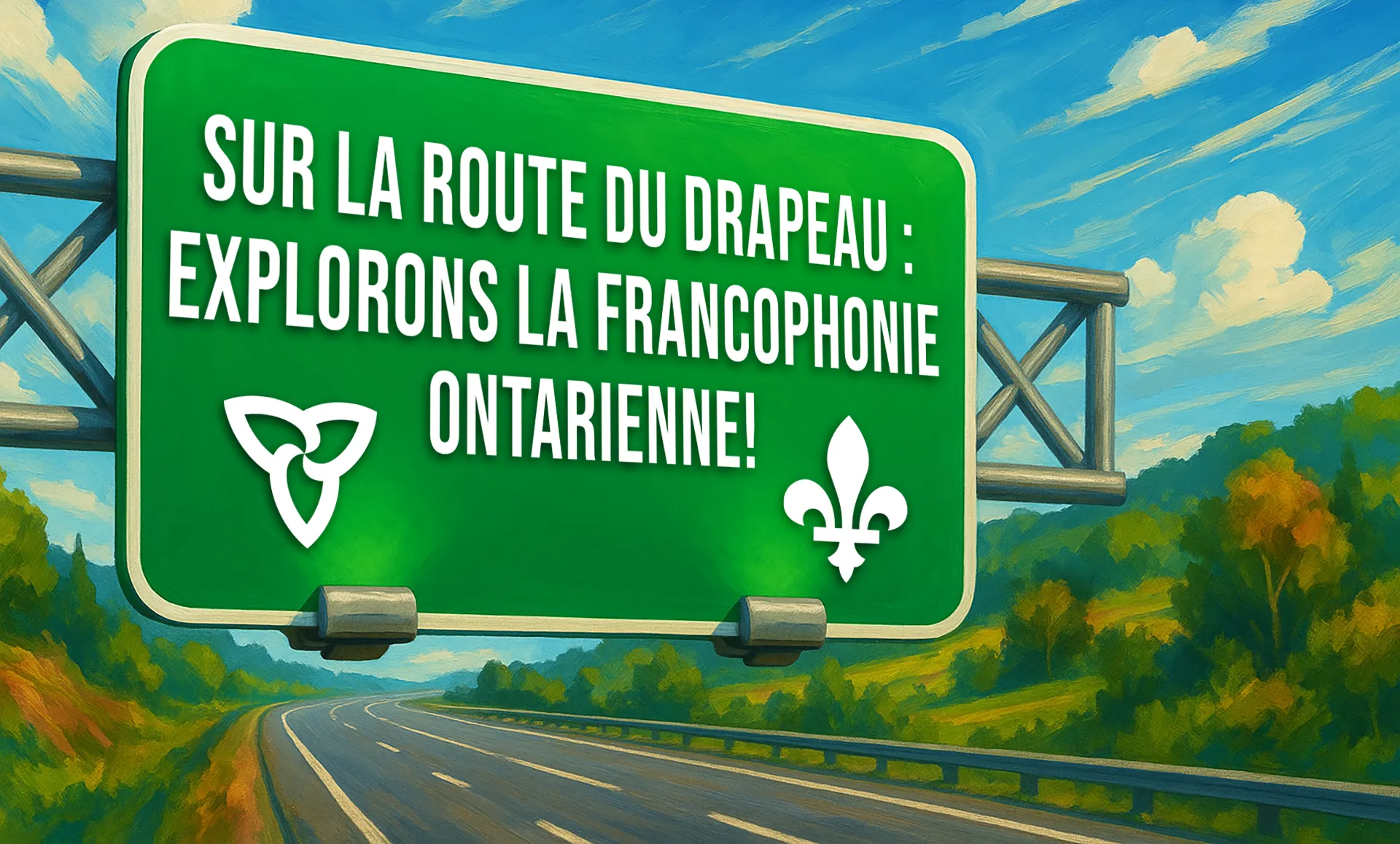 Panneau routier vert au-dessus d’une autoroute portant le titre de la rubrique. Sous l’inscription un trille et une fleur de lys.