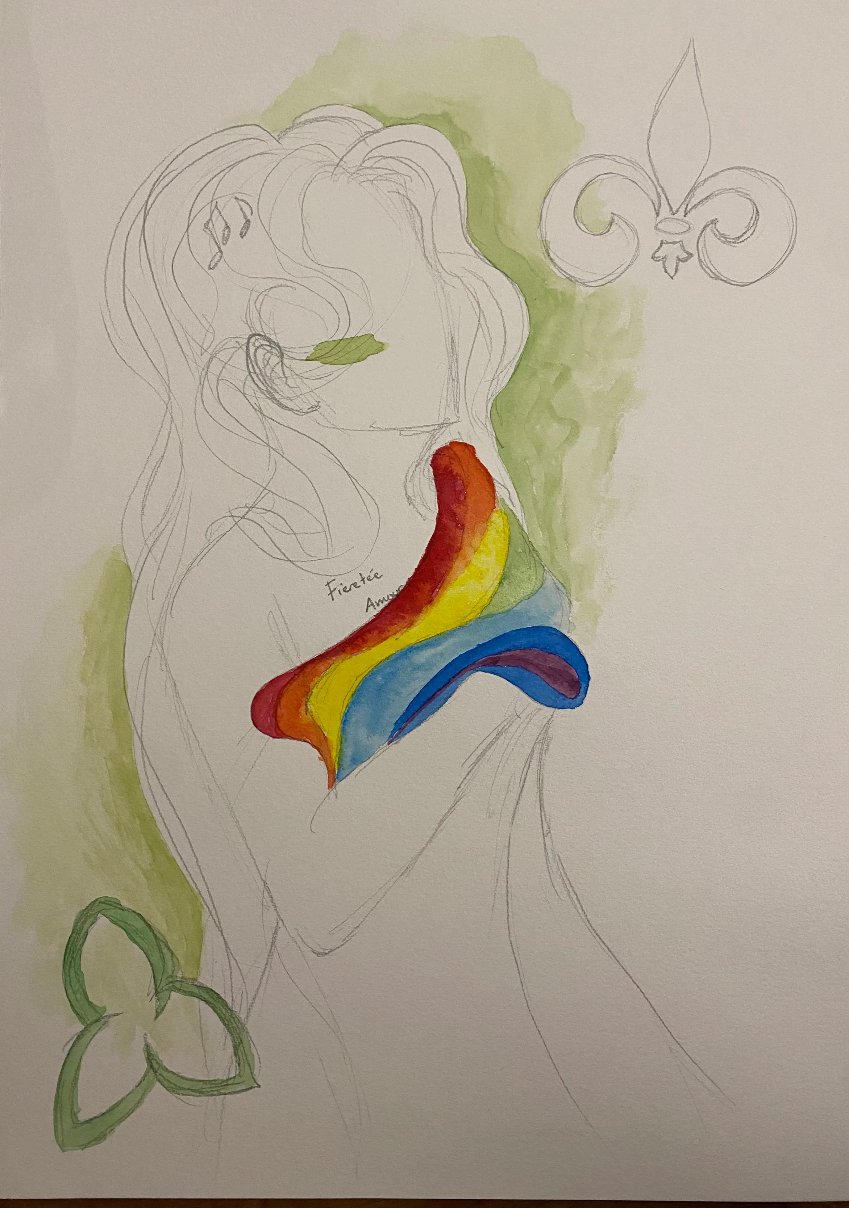 Illustration artistique mêlant esquisse et aquarelle : une silhouette embrasse un drapeau arc-en-ciel, entourée de symboles franco-ontariens, exprimant diversité et fierté.