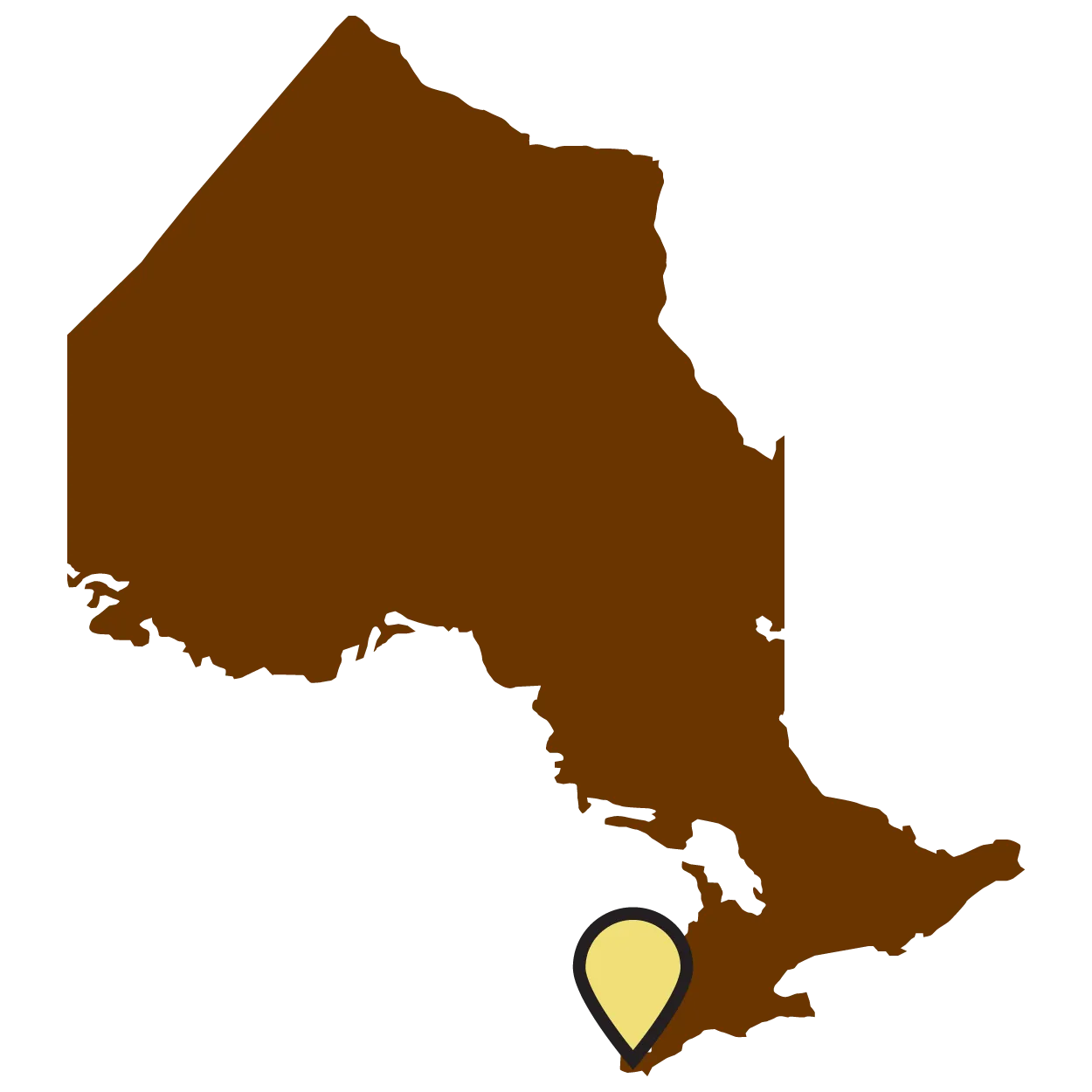 Carte géographique de l’Ontario avec un repère sur la ville de Windsor, complètement au bout de la pointe sud de la province.