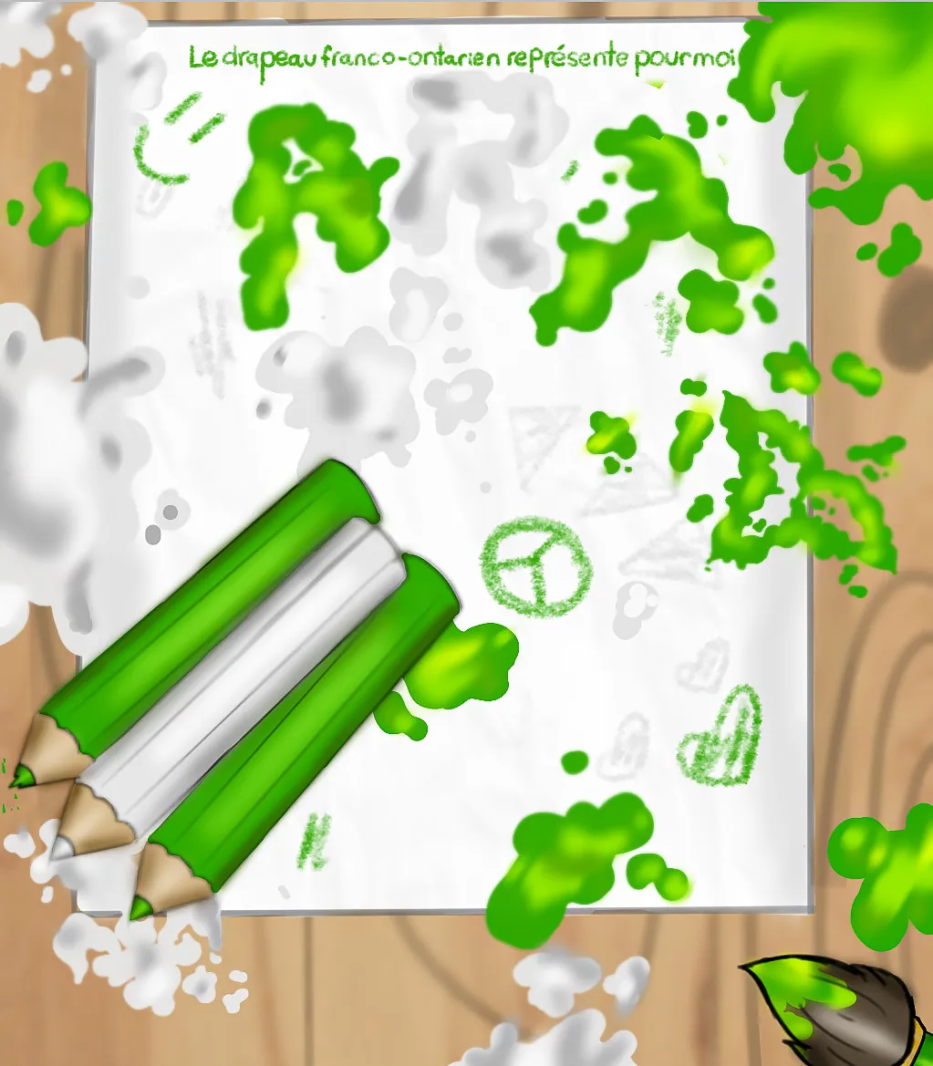 Création artistique aux couleurs vert et blanc, représentant le drapeau franco-ontarien et ses valeurs de culture, unité et harmonie.
