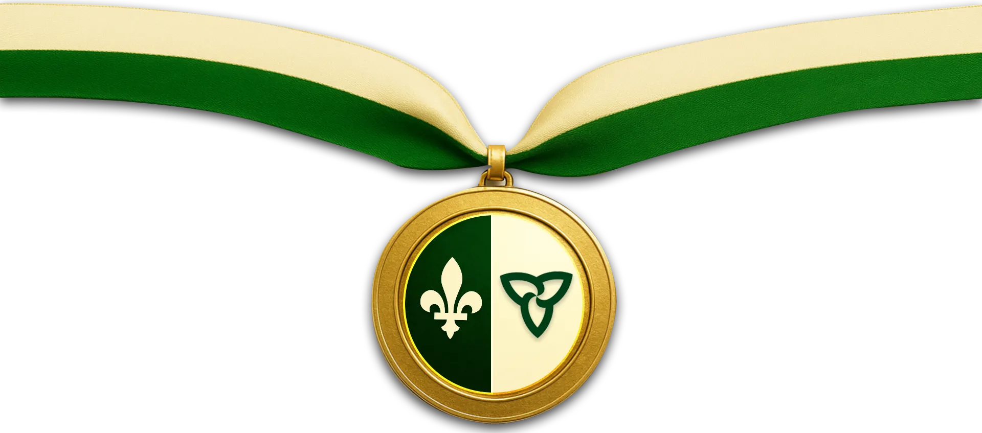 Médaille d’or dont le ruban est blanc et vert et le centre du médaillon doré porte les couleurs et symboles du drapeau franco-ontarien.