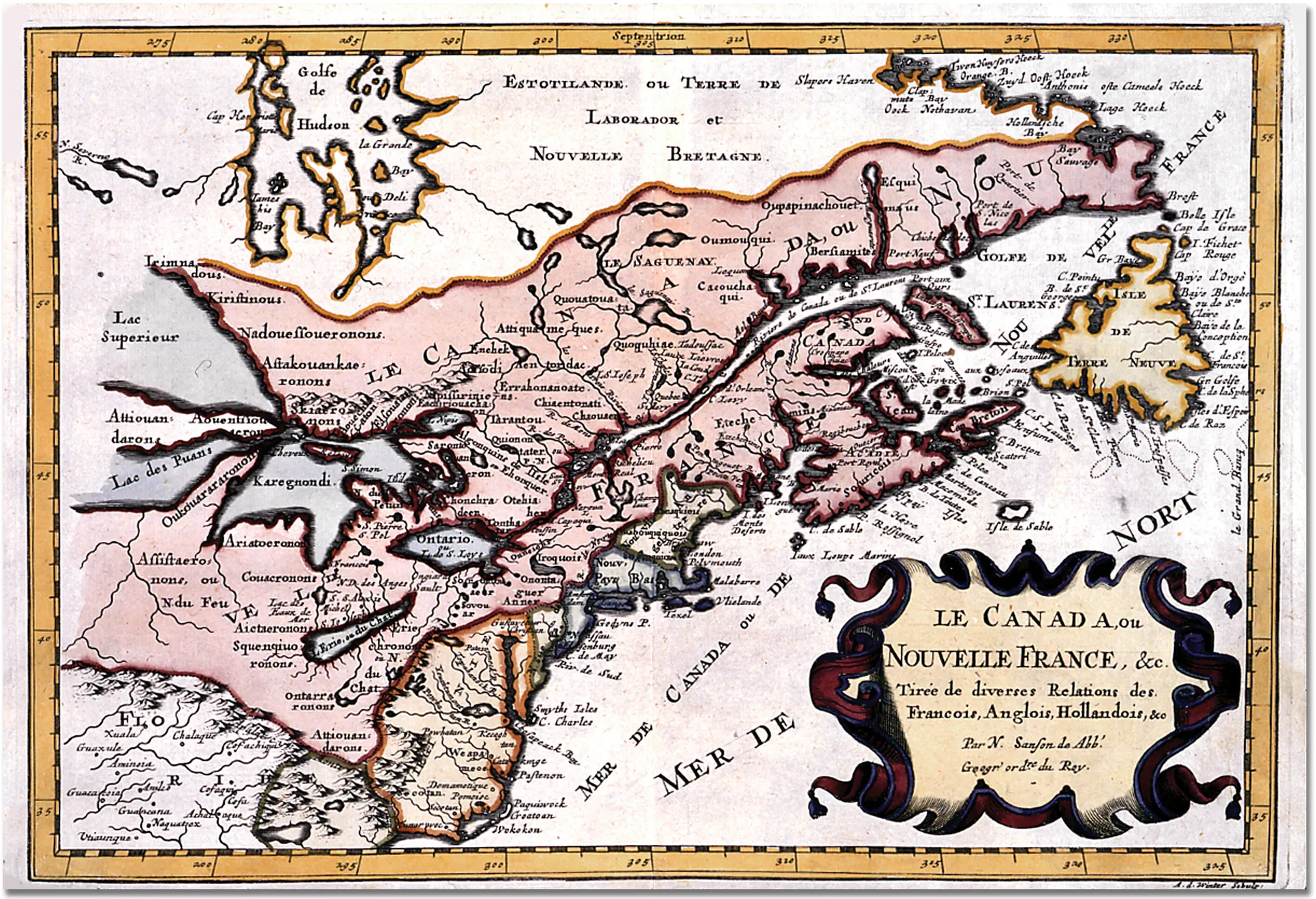 Ancienne carte du Canada, ou Nouvelle-France, incluant les provinces maritimes, le Québec sauf la partie la plus au nord, et une partie de l’Ontario.