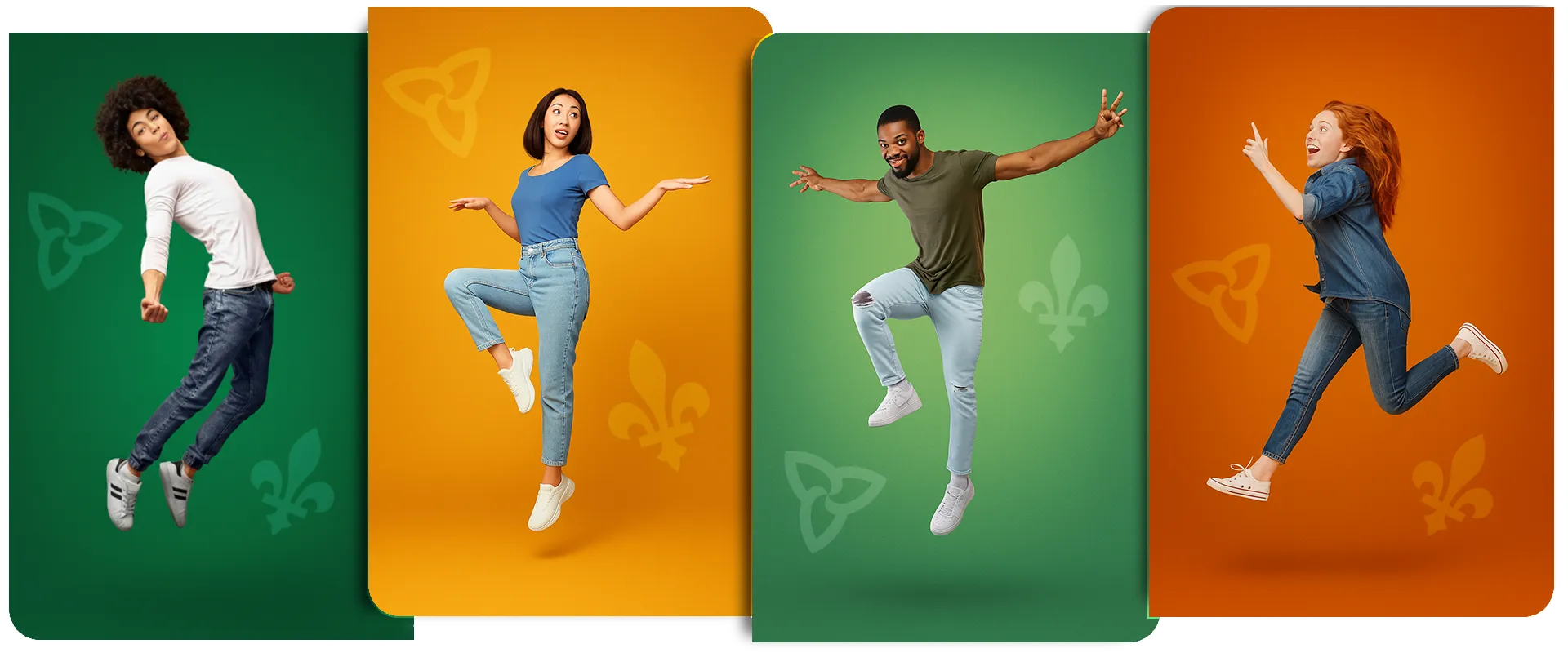 Disposition horizontale de quatre photos illustrant respectivement trois jeunes femmes et un jeune homme qui sautent dans les airs avec le sourire, sur fond coloré avec en filigrane des symboles de la francophonie ontarienne (fleur de lys et trille).