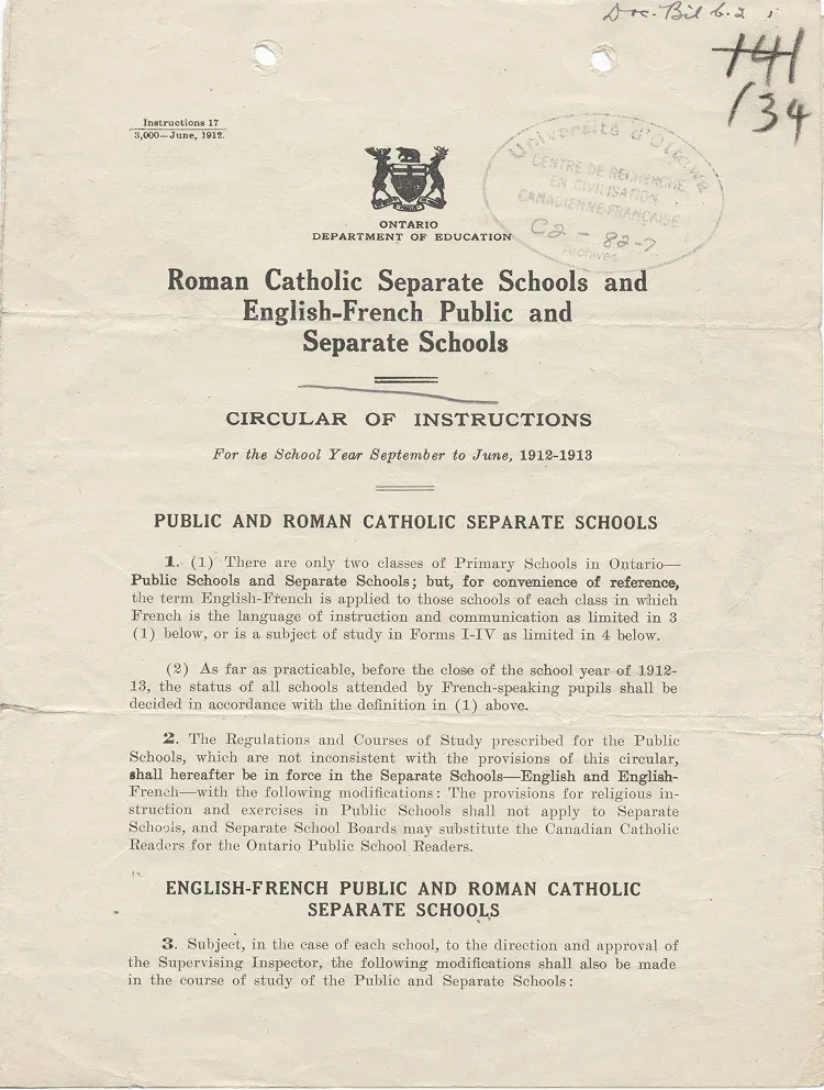 Copie du document de loi du département ontarien de l’éducation, rédigé en anglais en juin 1912, obtenue des archives de l’Université d’Ottawa.