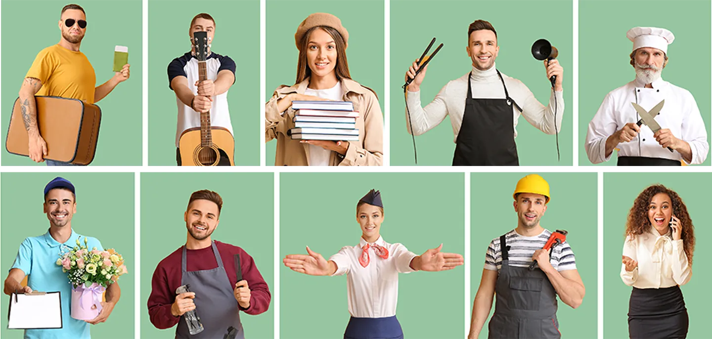 Personnes tenant divers objets représentant des métiers : livraison, musique, coiffure, cuisine, fleuriste, service, aviation, construction et affaires.