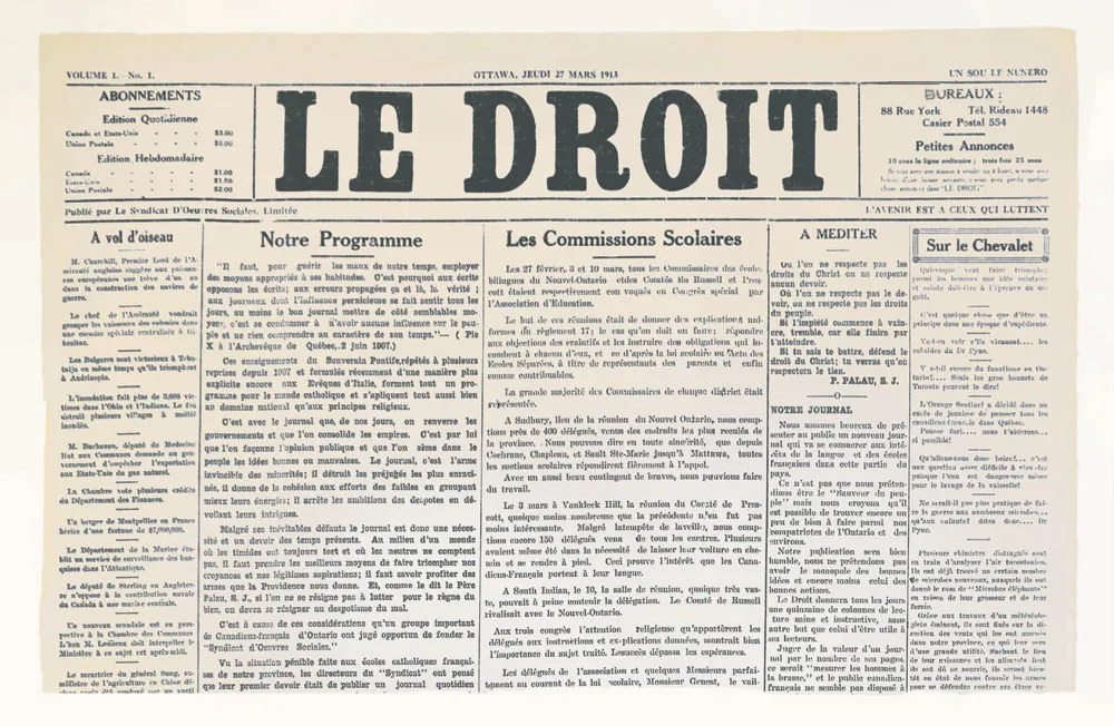 Copie d’une première page du journal Le Droit, publié en français, à Ottawa, le jeudi 27 mars 1913.